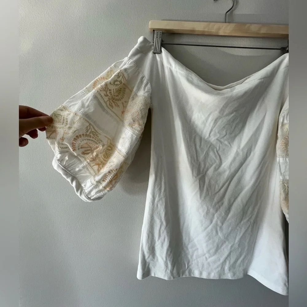 Free People Ivory Off Shoulder Blouse Top with Balloon Sleeve